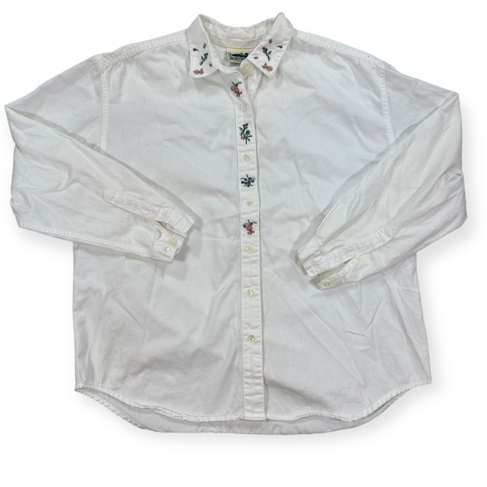 Northern Reflections White Button-Down Shirt with Floral Embroidery
